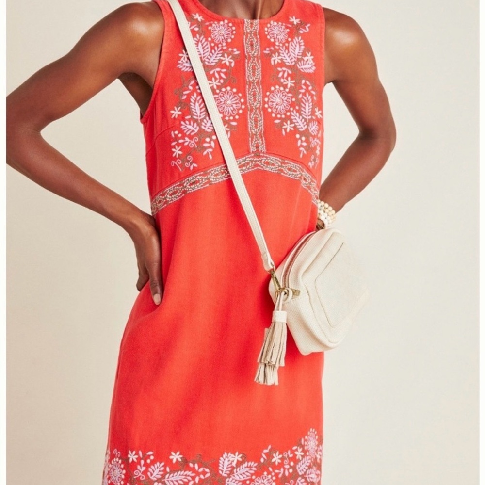 Anthropologie Red Embroidered Dress